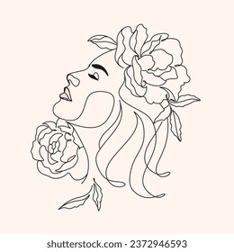 Woman Line Art Minimalist Logo. Nature Organic Cosmetics Makeup. Flower head Feminine Illustration line drawing. Woman face with flowers line