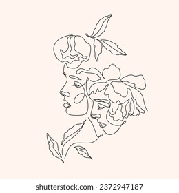 Logo Mínimalista De Arte De La Línea De La Mujer. Maquillaje de Cosméticos Orgánicos de la Naturaleza. Dibujo de la línea de Ilustración femenina de la cabeza de la flor. Cara de mujer con línea de flores