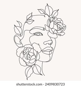 Woman Line Art Minimalist Logo. Nature Organic Cosmetics Makeup. Flower head Feminine Illustration line drawing. Woman face with flowers line