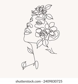 Woman Line Art Minimalist Logo. Nature Organic Cosmetics Makeup. Flower head Feminine Illustration line drawing. Woman face with flowers line