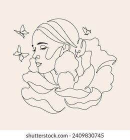 Woman Line Art Minimalist Logo. Nature Organic Cosmetics Makeup. Flower head Feminine Illustration line drawing. Woman face with flowers line