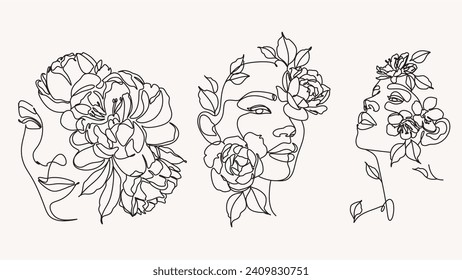 Woman Line Art Minimalist Logo. Nature Organic Cosmetics Makeup. Flower head Feminine Illustration line drawing. Woman face with flowers line