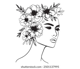 Woman Line Art Minimalist Logo. Nature Organic Cosmetics Makeup. Flower head Feminine Illustration line drawing. Woman face with flowers line