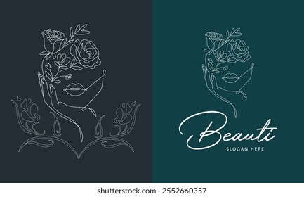 Logo minimalista da arte da linha da mulher. Natureza Orgânica Cosméticos Maquiagem. Cabeça de flor Desenho de linha de ilustração feminina. Rosto de mulher com flores linha