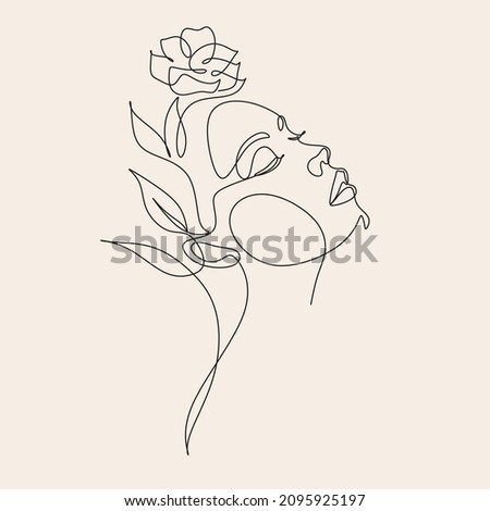 Woman Line Art Minimalist Logo. Nature Organic Cosmetics Makeup. Flower head Feminine Illustration line drawing. Woman face with flowers line