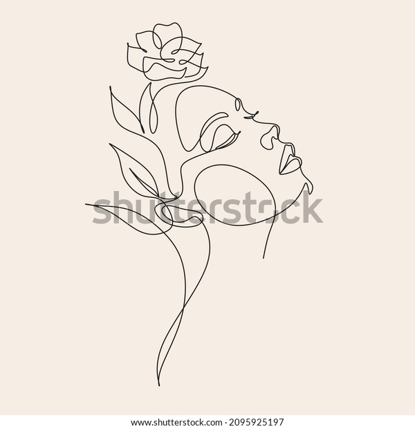 Woman Line Art Minimalist Logo. Nature Organic\
Cosmetics Makeup. Flower head Feminine Illustration line drawing.\
Woman face with flowers\
line