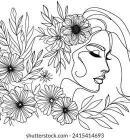 Woman Line Art. Nature Organic Cosmetics Makeup. Flower Feminine Illustration line drawing. Woman face with flowers