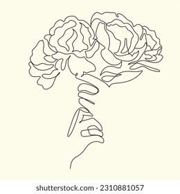 Woman Line Art Self Love Minimalist Logo. Nature Organic Cosmetics Makeup. Flower head Feminine Illustration line drawing. Woman face with flowers and butterfly