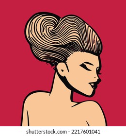 woman line art vector, illustration vintage style of a woman with high detailed hair, retro girl illustration, hair saloons and more