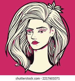 woman line art vector, illustration vintage style of a woman with high detailed hair, retro girl illustration, hair saloons and more