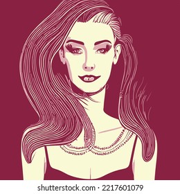woman line art vector, illustration vintage style of a woman with high detailed hair, retro girl illustration, hair saloons and more