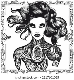 woman line art vector, illustration vintage style of a woman with high detailed hair, retro girl illustration, hair saloons and more