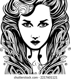 woman line art vector, illustration vintage style of a woman with high detailed hair, retro girl illustration, hair saloons and more
