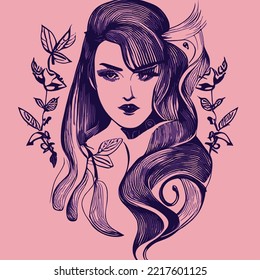 woman line art vector, illustration vintage style of a woman with high detailed hair, retro girl illustration, hair saloons and more