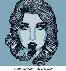 woman line art vector, illustration vintage style of a woman with high detailed hair, retro girl illustration, hair saloons and more