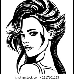 woman line art vector, illustration vintage style of a woman with high detailed hair, retro girl illustration, hair saloons and more