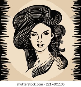woman line art vector, illustration vintage style of a woman with high detailed hair, retro girl illustration, hair saloons and more