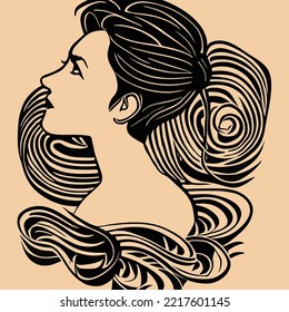 woman line art vector, illustration vintage style of a woman with high detailed hair, retro girl illustration, hair saloons and more