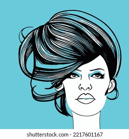 woman line art vector, illustration vintage style of a woman with high detailed hair, retro girl illustration, hair saloons and more
