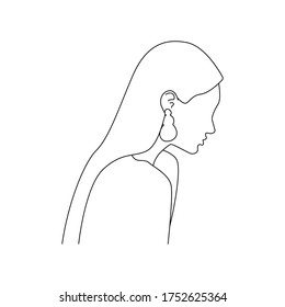 Woman line art vector portrait. Black and white one-line silhouette of young woman wearing big earrings. Fashion trends, accessories trends concepts.