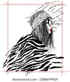 woman line art zebra leopard chic embroidery vector