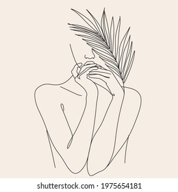 Woman Line drawing with flowers, tropical leaves. Minimalist abstract trendy illustration
