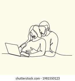 Woman Line drawing vector. Pregnant woman and motherhood Line art. Charming pregnant woman relaxing with her laptop, browsing or chatting with friends online, sitting on bed, panorama with em