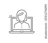 Woman Line Icon on Laptop Screen, Online Communication or Video Call. Virtual Meetings and Digital Interaction. Isolated Vector Illustration.