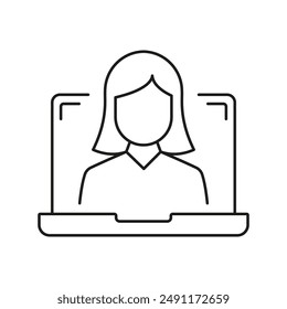 Woman Line Icon on Laptop Screen, Online Communication or Video Call. Virtual Meetings and Digital Interaction. Isolated Vector Illustration.
