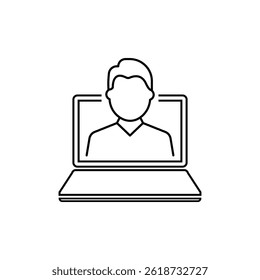 Woman Line Icon on Laptop Screen, Online Communication or Video Call. Virtual Meetings and Digital Interaction. Isolated Vector Illustration.