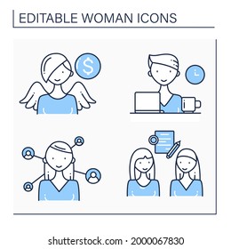 Woman line icons set. Networking, angel investor, business deal, freelancer. Successful woman concept. Isolated vector illustrations.Editable stroke