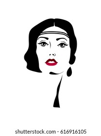 Woman line portrait silhouette with red lips