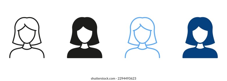 Woman Line and Silhouette Icon Set. Female Pictogram. Businesswoman, Politician Lady Black and Color Sign. Business Manager. Beautiful Profile Avatar Symbol Collection. Isolated Vector Illustration.