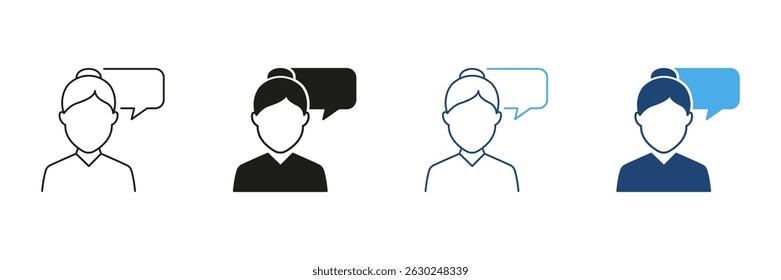 Woman Line and Silhouette Icon Set with Speech Bubble, Communication or Consultation Concept. Customer Support and Discussion. Editable Stroke. Isolated Vector Illustration.