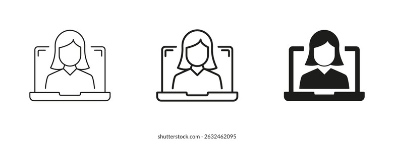 Woman Line and Silhouette Icon Set on Laptop Screen, Online Communication or Video Call. Virtual Meetings and Digital Interaction. Editable Stroke. Isolated Vector Illustration. - Powered by Shutterstock - Get 15% off with code: PIKWIZARD15