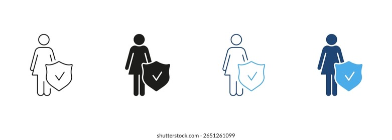 Woman Line and Silhouette Icon Set with Shield, Safety and Protection Concept. Female Figure with Shield Security and Assurance. Editable Stroke. Isolated Vector Illustration.
