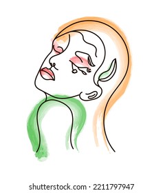 Woman in line style with plant on green background, isolated on white background. Hand drawing style illustration. Vector illustration concept.