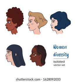 Woman line style vector set. Collection of profile portraits about females diversity like african, asian, armenian and caucasoid. Feminism and race equality design concept. Isolated white background