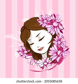 woman lineart bg icons illustration vector purple vintage purple flowers leaf pink October