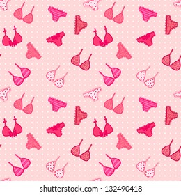 Woman linen vector seamless pattern on polka-dotted background in rosy colors