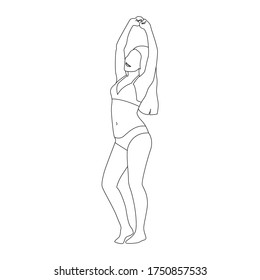 Woman In Lingerie Linear Illustration. One-line Vector Minimalistic Character - Young Caucasian Woman Dancing. Body Type, Beauty, Body Positive, Happiness Concepts.