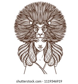 A woman with a lion mask. Beautiful girl. Illustration for tattoos and dazain clothes, posters, fashion shows.