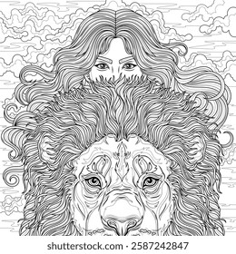 Woman and lion.Coloring book antistress for children and adults. Illustration isolated on white background.Zen-tangle style. Hand draw