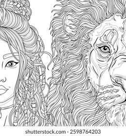 Woman and lion.Coloring book antistress for children and adults. Illustration isolated on white background.Zen-tangle style. Hand draw