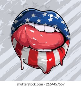 Woman lips with American flag patter independence day, Veterans day and 4th or July 