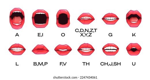 Woman lips animation. Cartoon female lip sync animated phonemes, cute girl open mouth expression with tongue and teeth speaking education. Vector set of expression sync lips illustration