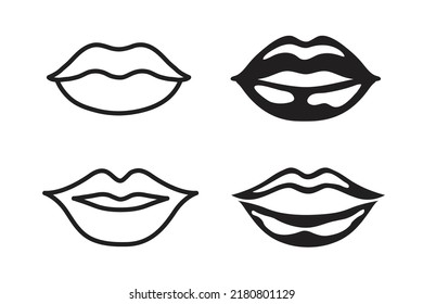 Woman lips black and white icon set