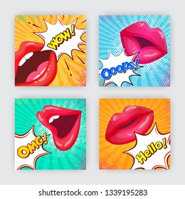 Woman lips expressing different emotions such as wow, hello, oops and omg on pop art style background. Template or poster set.