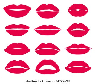 Los iconos vectoriales de expresión de los labios de la mujer. Conjunto de ilustraciones de labios rojos hembra