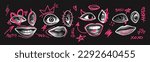Woman lips and eyes as retro halftone collage elements with girly doodles for mixed media design. Cutout magazine shapes, girl faces in dotted pop art style. Vector illustration, grunge punk crazy art